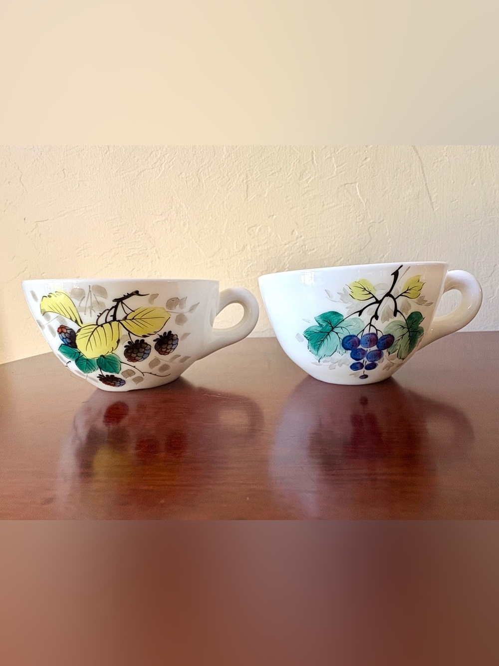 Westmoreland Milk Glass Teacup Set of 2 Hand-Painted Fruit